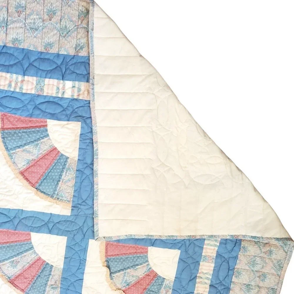 Vintage Grandmother's Fan QUILT Hand Quilted‎ Queen Size Farmhouse Blue Pink
